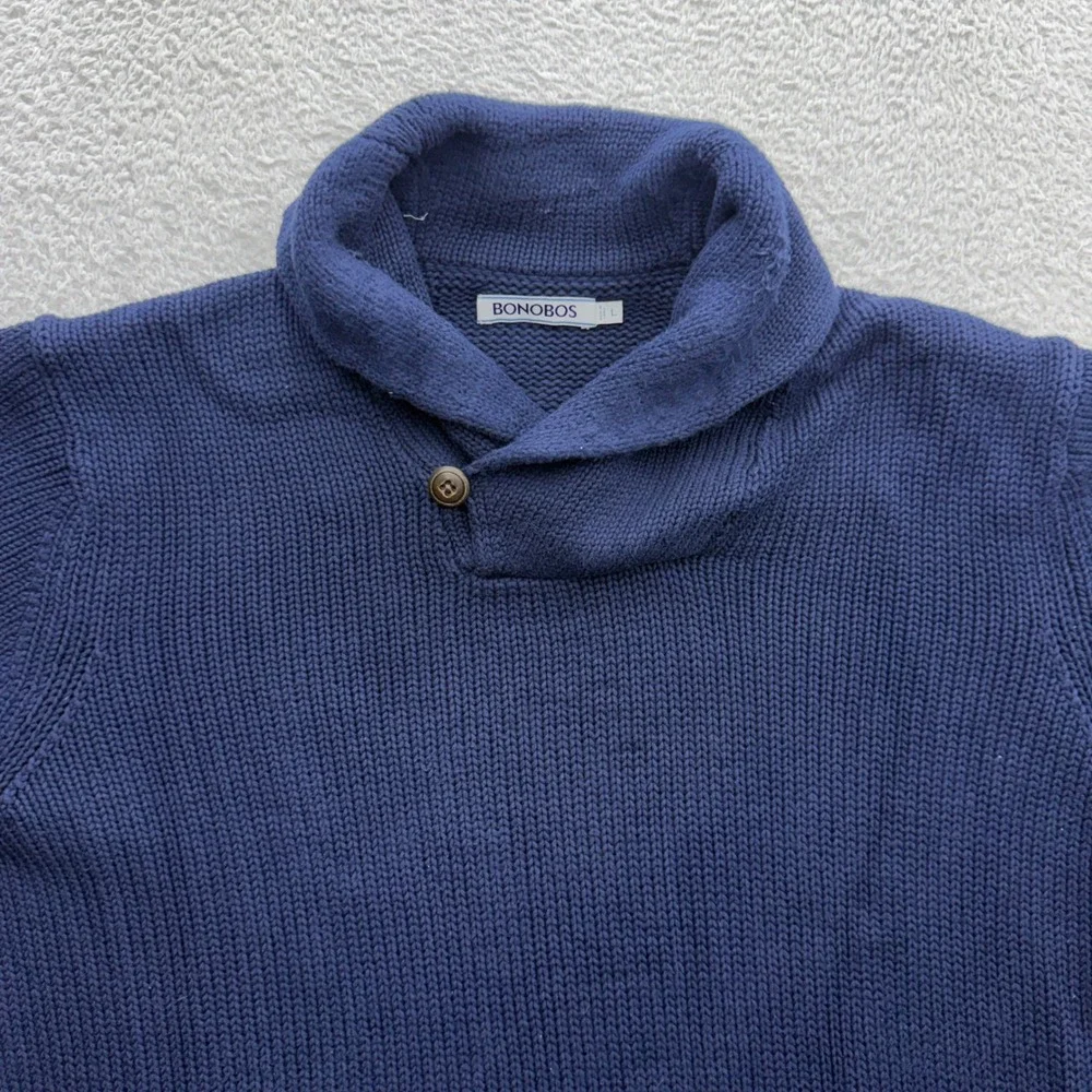 Bonobos Mens Navy Blue Shawl Collar Button Sweater 100% Cotton Shaker Knit Large